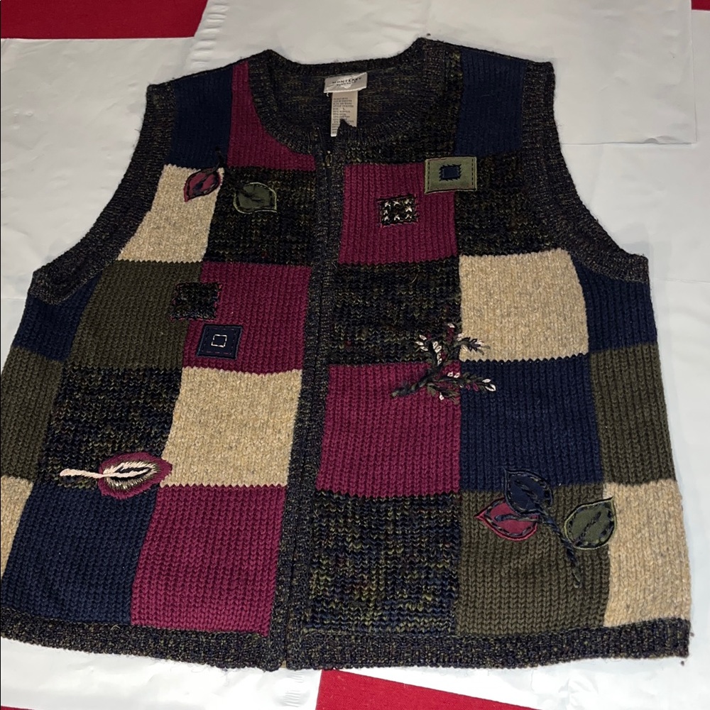 Fall leaves Monterey patchwork sweater vest  cardigan women’s large wool zip up